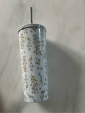 Rove Stainless Steel Floral Tumbler with Metal Straw White Blue Wildflower 23oz